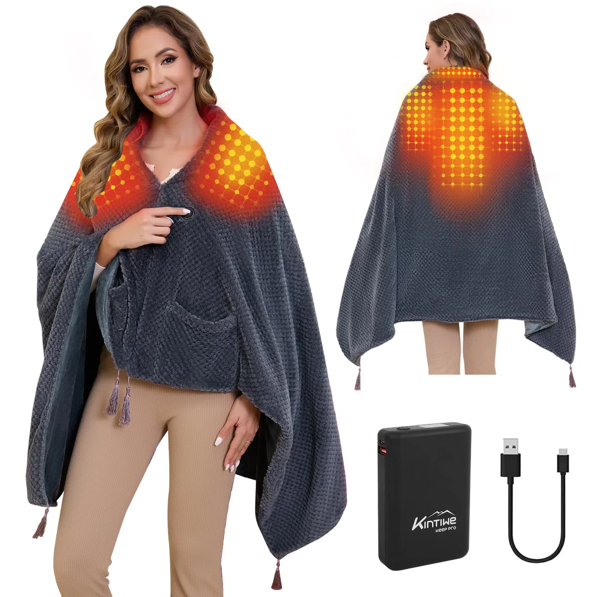 Manta Eléctrica con Batería 20000 mAh inalámbrica, Almohadilla Térmica Manta Eléctrica Espalda y Cuello con 4 Zonas de Calentamiento y 3 Niveles de Temperatura