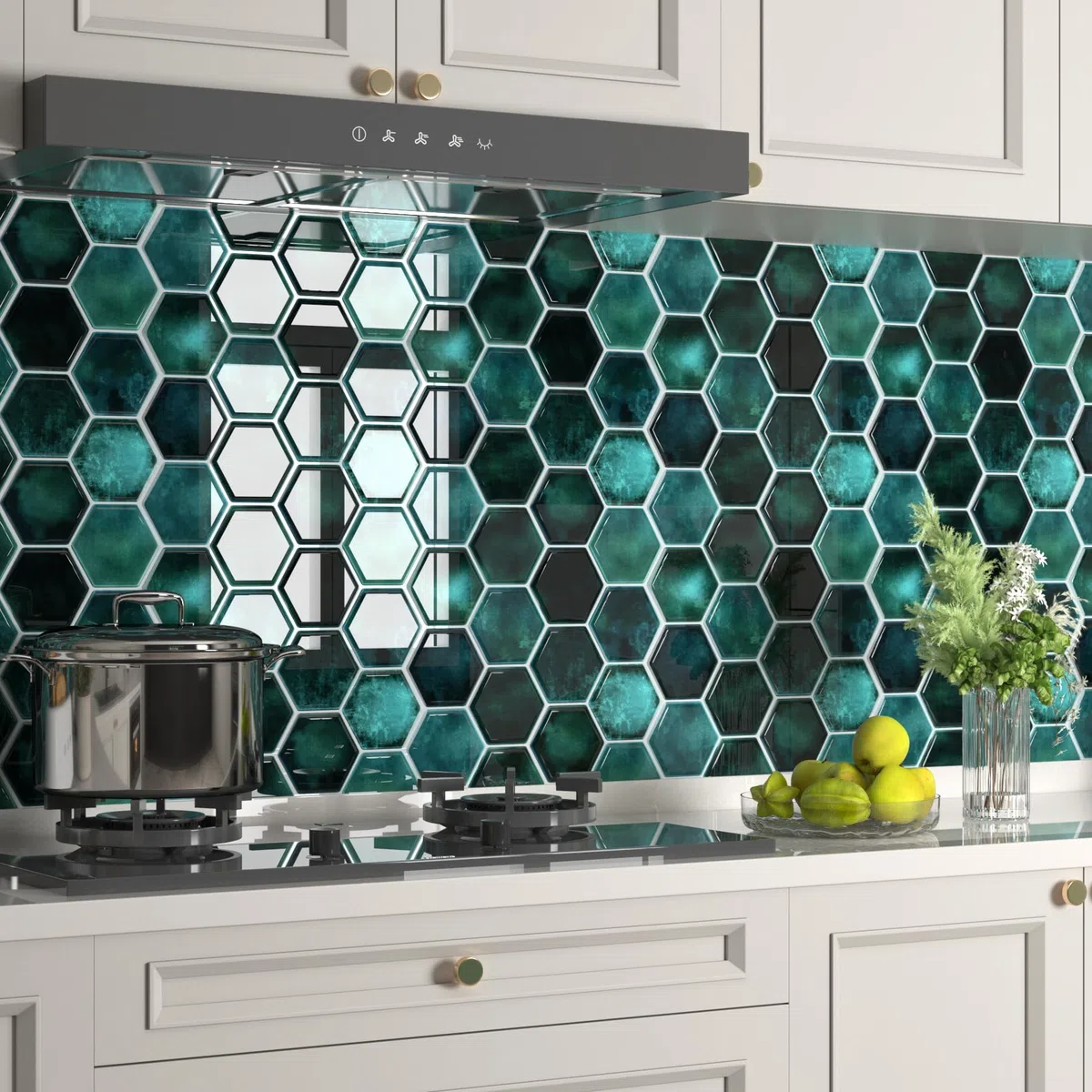 Decotalk Pegatinas para Azulejos Autoadhesivas Geométricas Verde Hexagonal 30.5X30.5cm 15 piezas, Azulejos Adhesivos para la Cocina