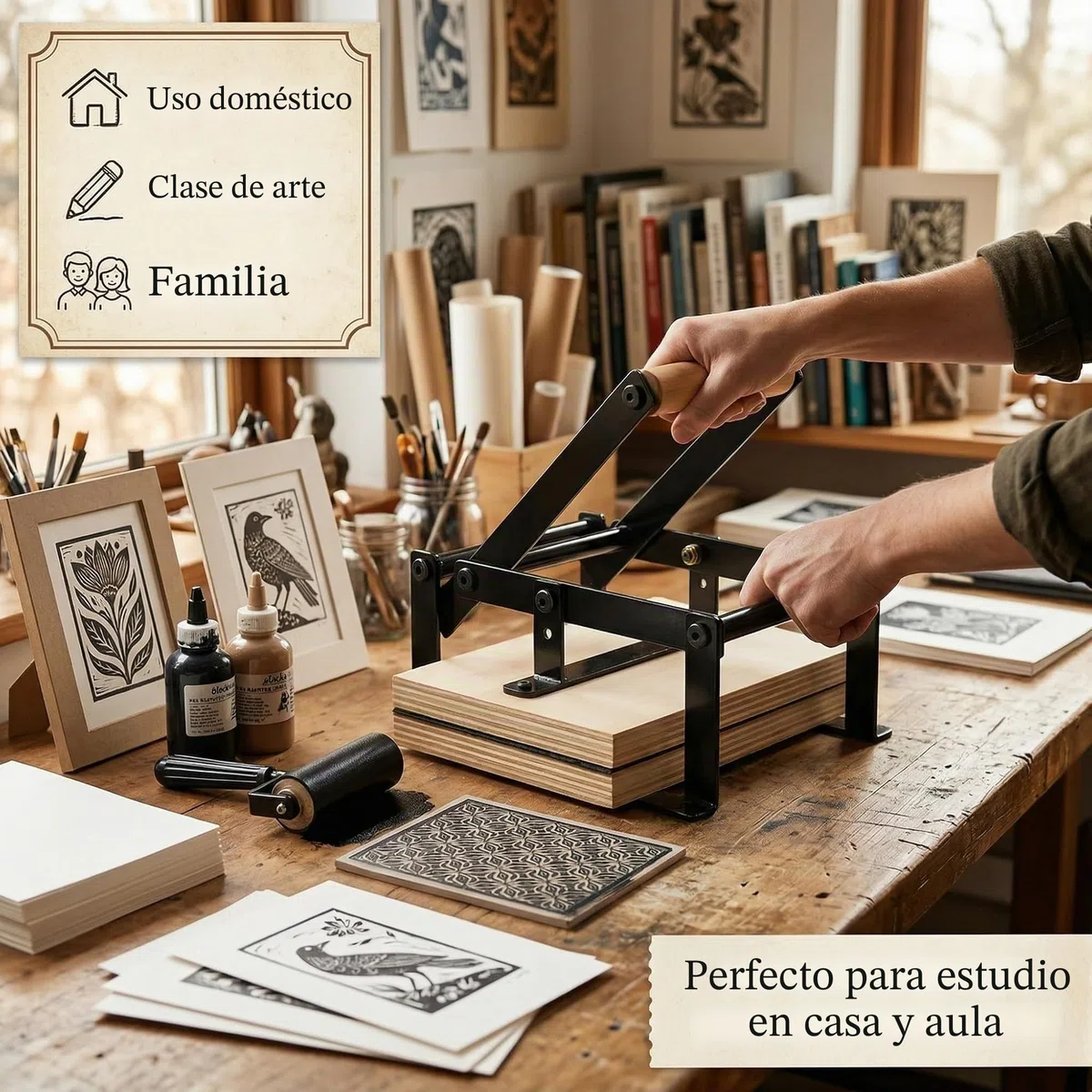Máquina de prensa de palanca de mano Linocut con rodillos y almohadillas de fieltro para cortes de lino, impresión de corte, bloques de linóleo, kit de herramientas de impresión para máquina