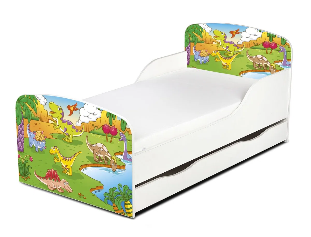 leomark Cama Infantil Completa de Madera - Dino - Marco de Cama, Colchón y Cajón, Somier, Blanco Muebles para Niños, Moderno Dormitorio, Espacio para Dormir: 140/70