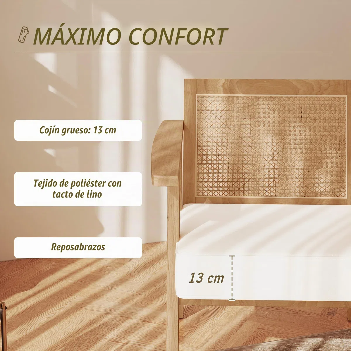 HOMCOM Butaca de Salón con Reposabrazos Sillón con Respaldo de Ratán y Marco de Madera de Caucho Butaca para Dormitorio Salón Carga 120 kg Natural y Beige