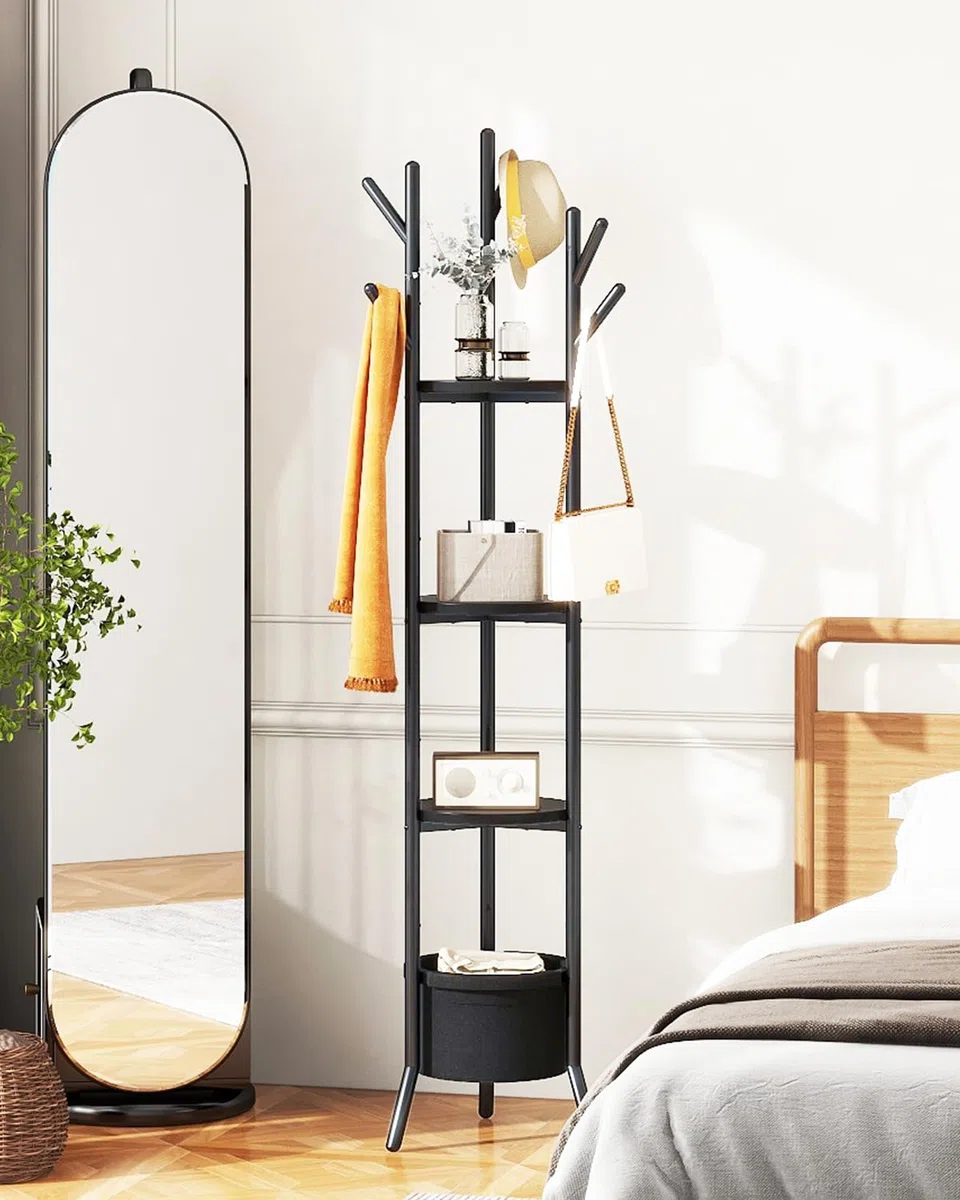 YMYNY Perchero de Entrada, Perchero de Pie para Recibidor con 1 Cesta de Tela, Estantería de Almacenamiento para Salón Dormitorio Pasillo Estilo Industrial, para Bufanda Bolsos Negro HGR005B