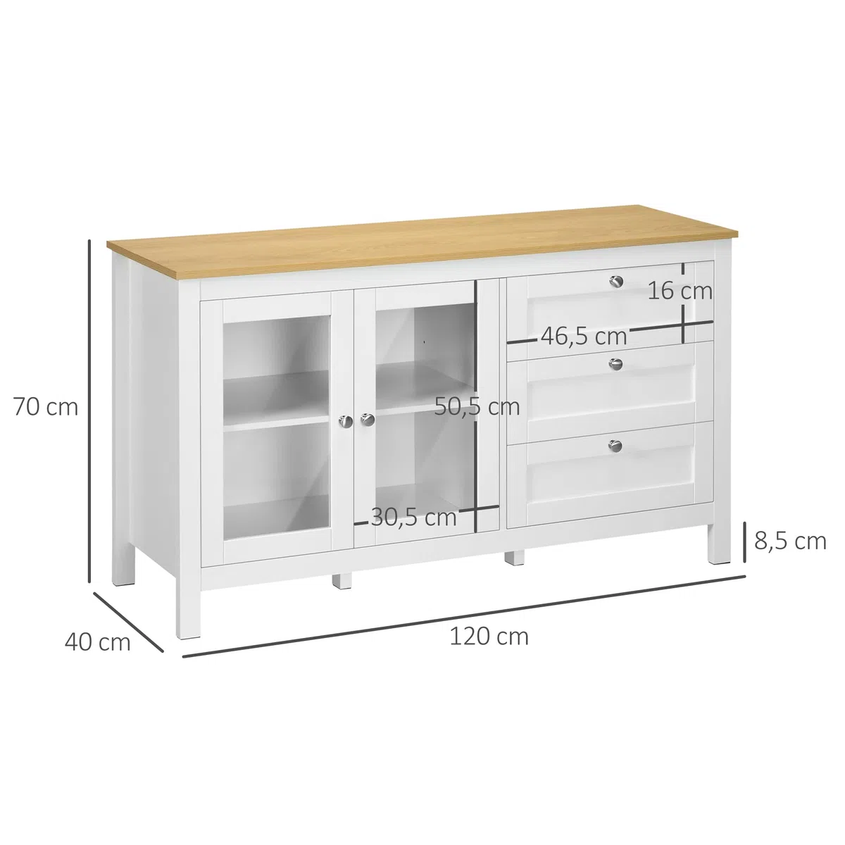 HOMCOM Aparador para Salón Armario Auxiliar con 2 Puertas de Vidrio 3 Cajones y Estante Ajustable para Cocina Comedor Pasillo 120x40x70 cm Blanco