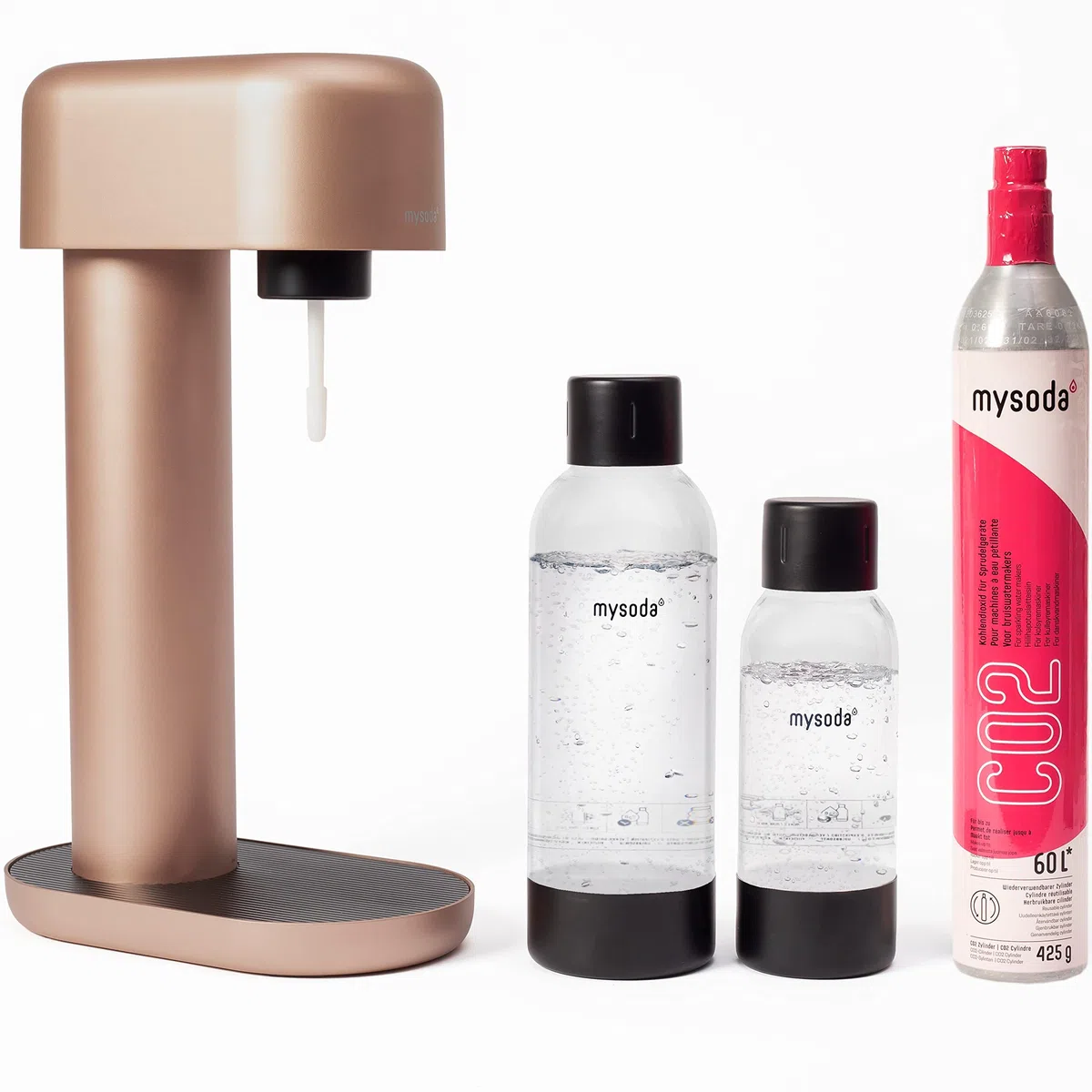 Mysoda: Ruby Set – Aireador de aluminio con 1 L y 0,5 L Quick-Lock, botella de plástico sin BPA y cilindro de CO2 – cobre