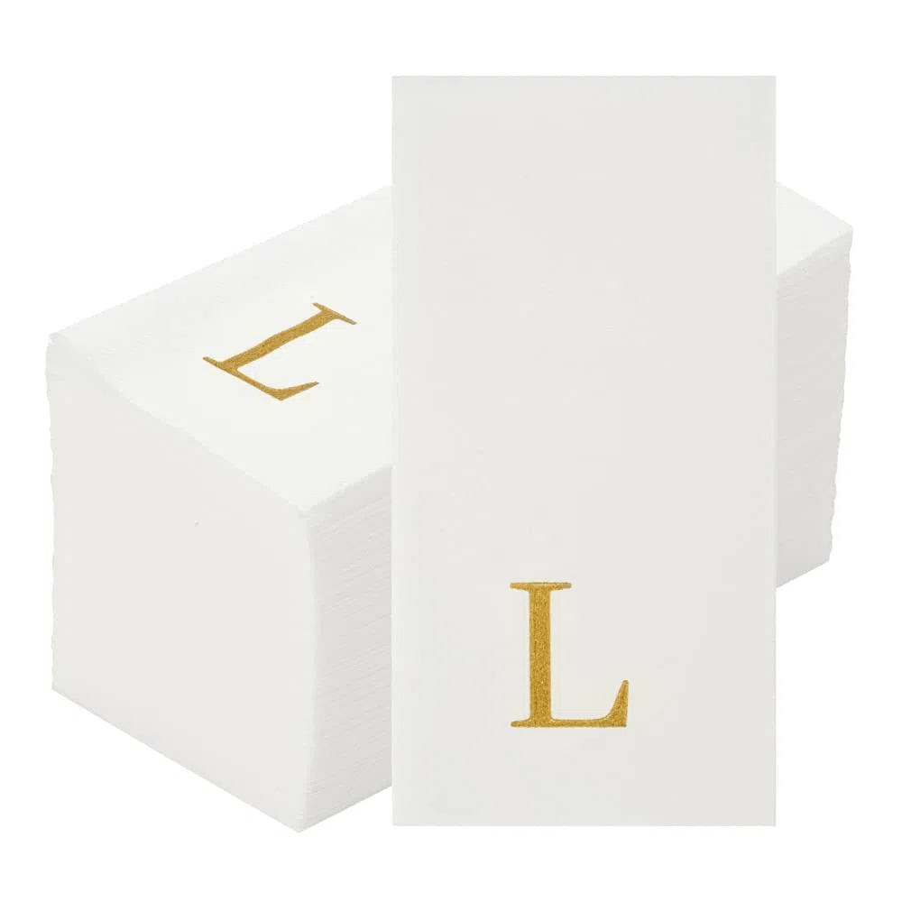 Luxenap - Toallas de invitados de 15.8 x 7.9 pulgadas, 50 toallas de mano con letras doradas, letra "L", letra Sans Serif, servilletas de papel blanco, airlaid, para baños y mesas