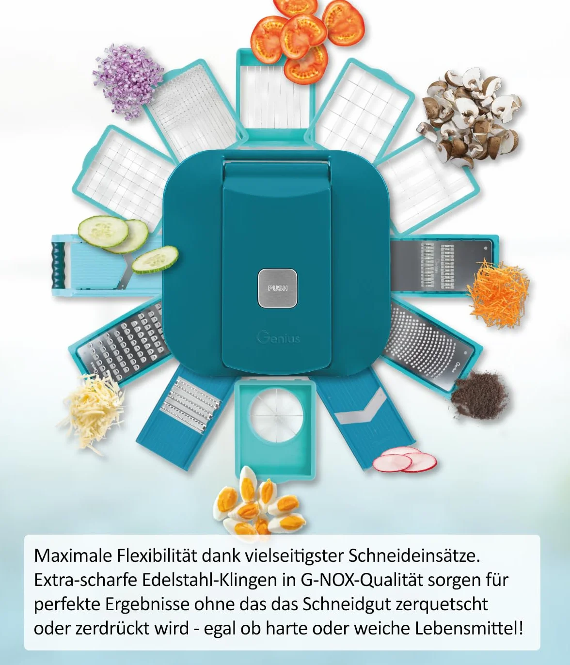 Genius Nicer Dicer Chef Professional Deluxe - Cortador manual de verduras (39 piezas, recipiente de 5,2 l y tapa de cristal de 2,8 L, cortador en espiral, cortador de patatas fritas y utensilios de