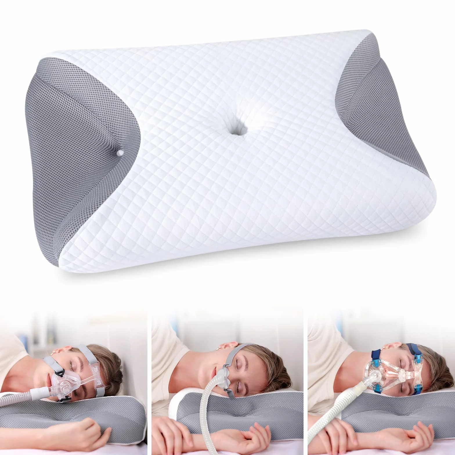 HOMCA Almohada CPAP, Almohada Ortopédica Ergonómicade Espuma Viscoelástica para Todas Las Mascarillas CPAP Que Reduce la Presión de la Mascarilla y Las Fugas de Aire, 65x40x9/11 cm