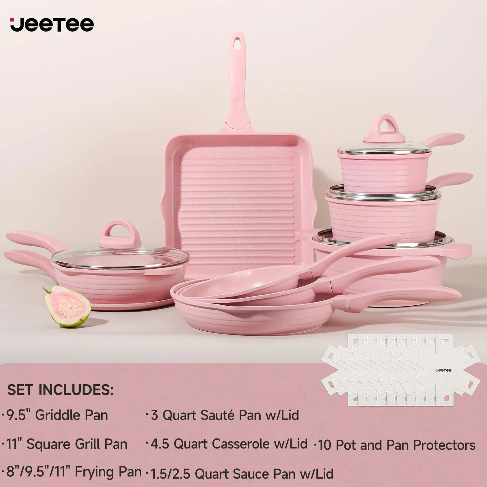 JEETEE Essential Pot Sets Juego de Sartenes 23 piezas, Juego de ollas y sartenes de granito antiadherente, Juego de ollas de inducción y de cocción con tapa, Rosado