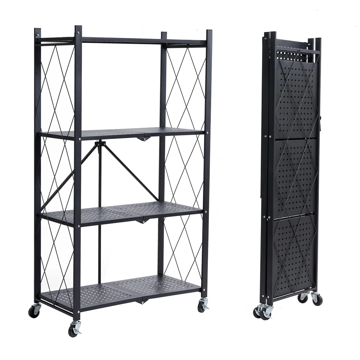 BRIAN & DANY Estanteria Plegable con Ruedas 4 Niveles, Negro Estante de Almacenaje Plegables de Metal, Carga Pesada Estante Plegable para Cocina, Oficina, Garaje, 71 x 34 x 126 cm