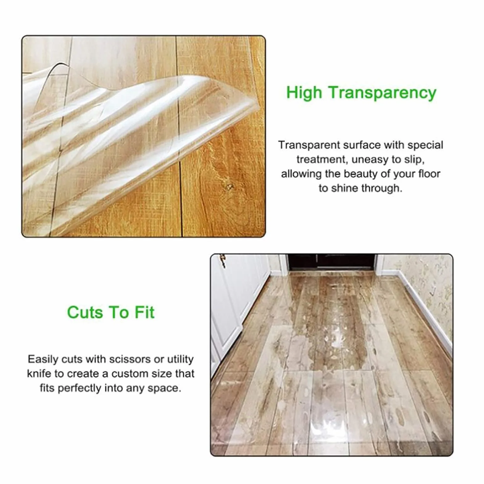 Clear Plastic Vinyl Rug Protector Cover Office Clear Hardwood Chair Mat, Rectangle Plastic Vinyl Floor Carpet for Kitchen, 1.5/2mm Thick,Office Chair Mat Non Slip PVC Transparent Rectangle Floor Prote