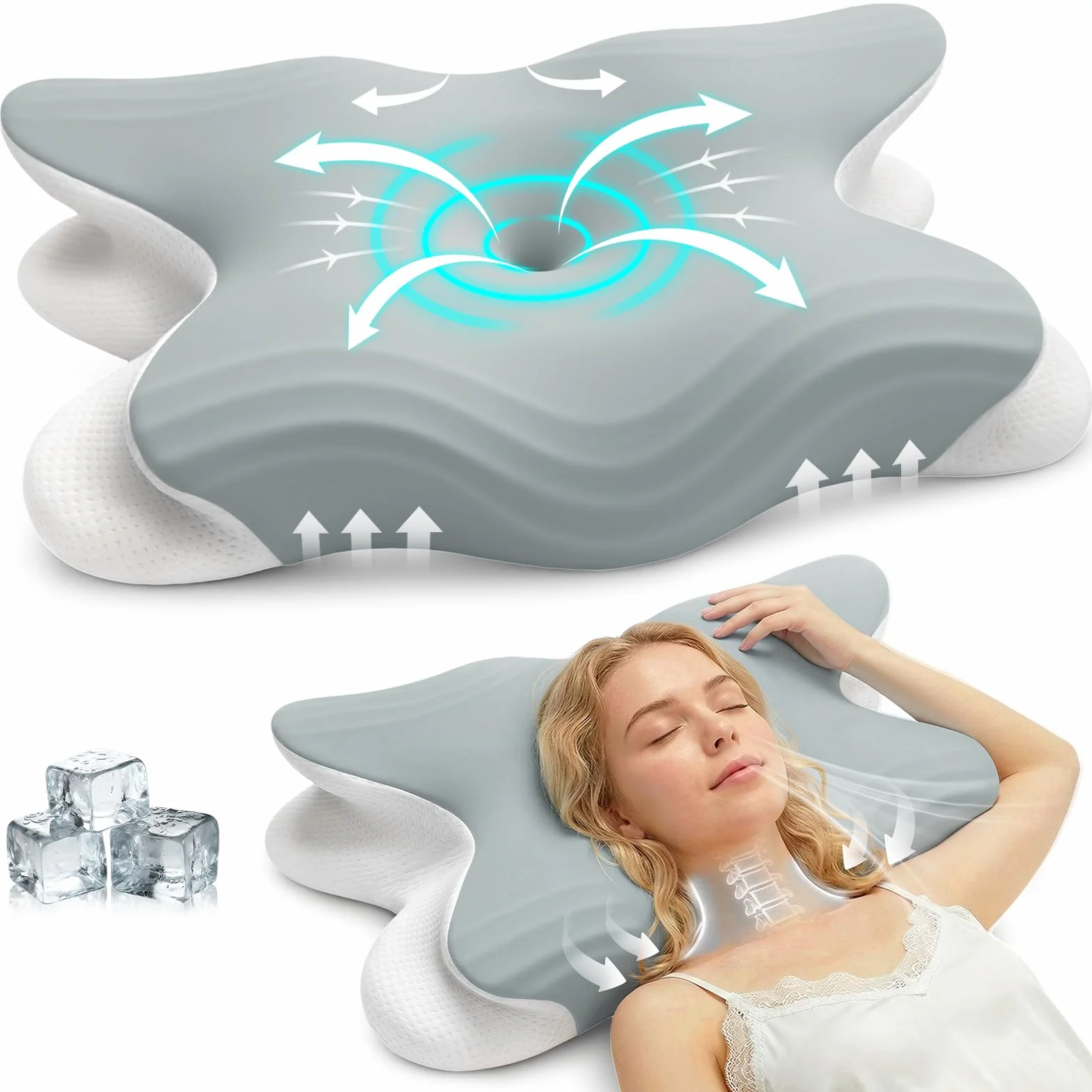 Almohada Ergonómica de Espuma Viscoelástica 2 en 1 – Reduce el Dolor de Cuello y Hombros, Adecuada para Dormir de Lado, Boca Arriba y Boca Abajo, Altura Regulable 11 cm/13 cm (Gris)