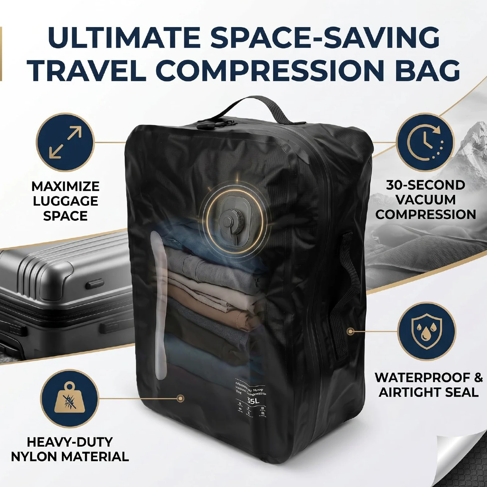 Duokon Bolsas de Vacío para Viajes, Cubos de Embalaje de Compresión Reutilizables de 35L, Bolsas Selladas para Maleta de Mano y Mochila de Viaje (BLACK)