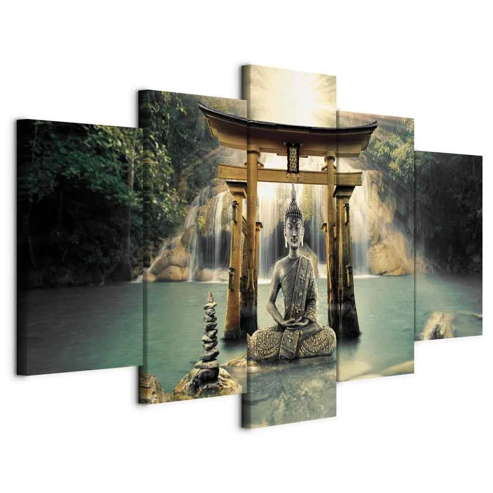 murando Cuadro en Lienzo Buda 200x100 cm Impresión de 5 Piezas Material Tejido no Tejido Impresión Artística Imagen Gráfica Decoracion de Pared Oriente Zen Cascada p-A-0033-b-n