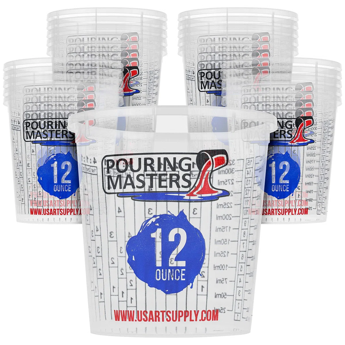 Pouring Masters Vasos de mezcla de plástico graduados de 350 ml (caja de 20) – Vasos de mezcla de pintura para resina epoxi, arte, cocina, horneado – Medidas en onzas y ml, 4 proporciones de medición