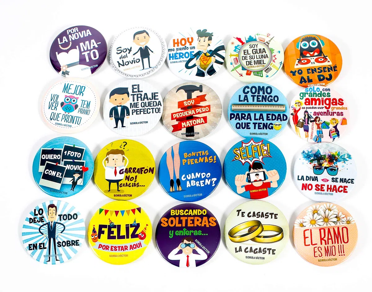 100 Chapas con 100 frases diferentes para bodas Pack de alfiler Regalo Invitados Divertido Personalizado Detalle
