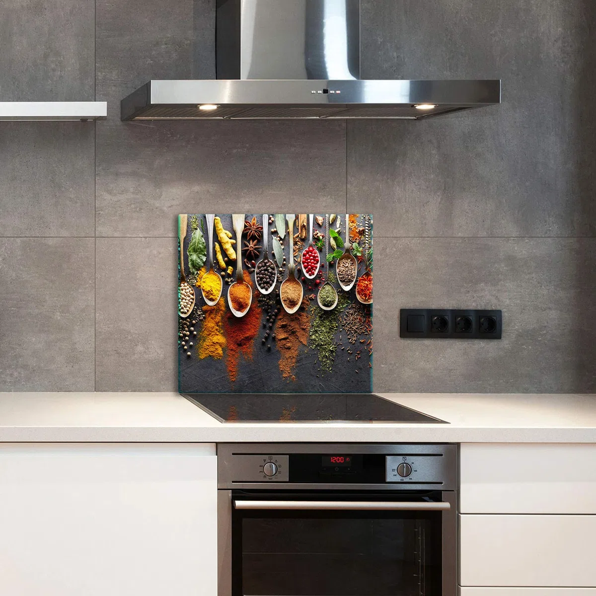 TMK I Panel trasero de cocina antisalpicaduras de vidrio templado 65 x 60 cm – Cristal decorativo con cinta adhesiva – Cristal posterior para la pared de cocina especias