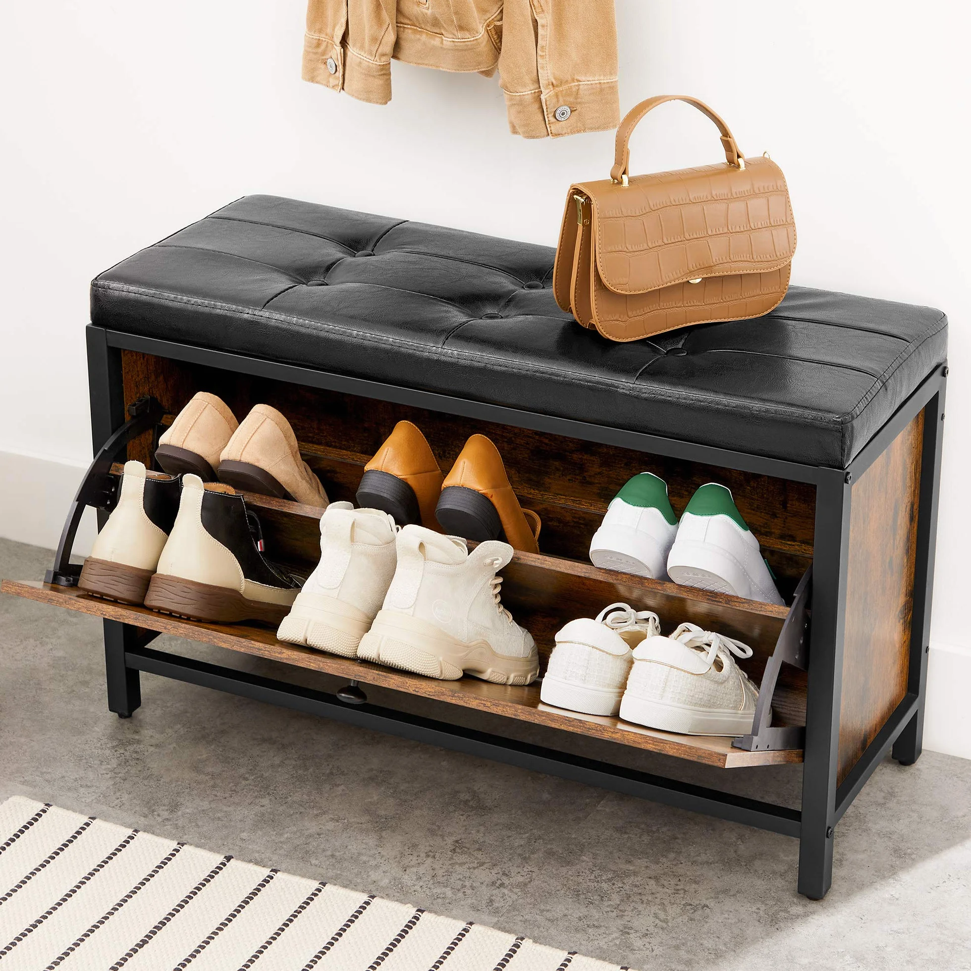 VASAGLE Banco Zapatero, Banco tapizado para Zapatos, con cajón, 2 Filas para 6 Pares de Zapatos, Estructura de Acero, Industrial, Marrón Rústico y Negro LSB049B01