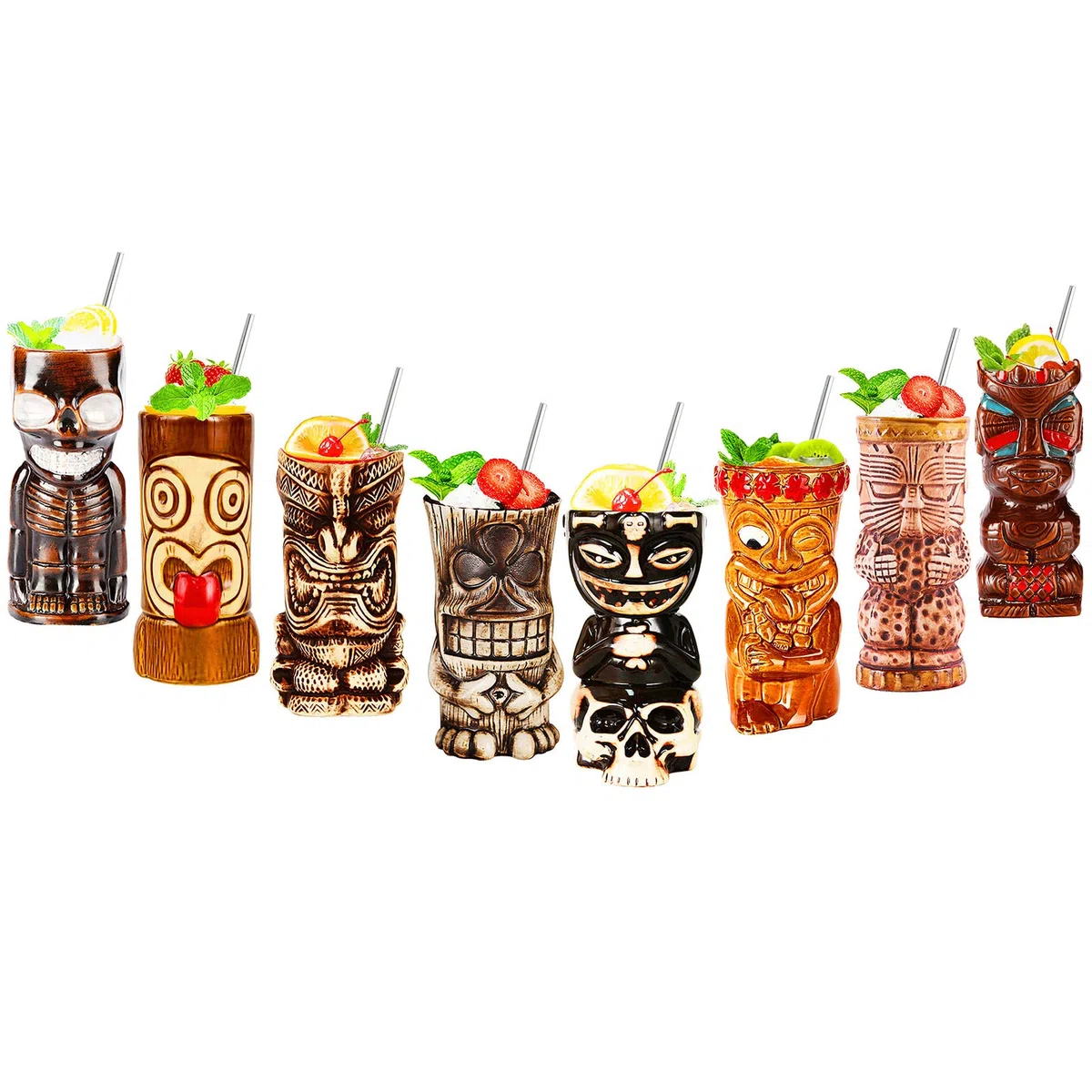 Tiki – Taza–Tiki Tazas Set De 8–Vasos De CóCtel Tiki De CeráMica–Copas De Bar Tiki –Fiesta Hawaiana–Copas Tropicales Premium Para Fiestas ExóTica
