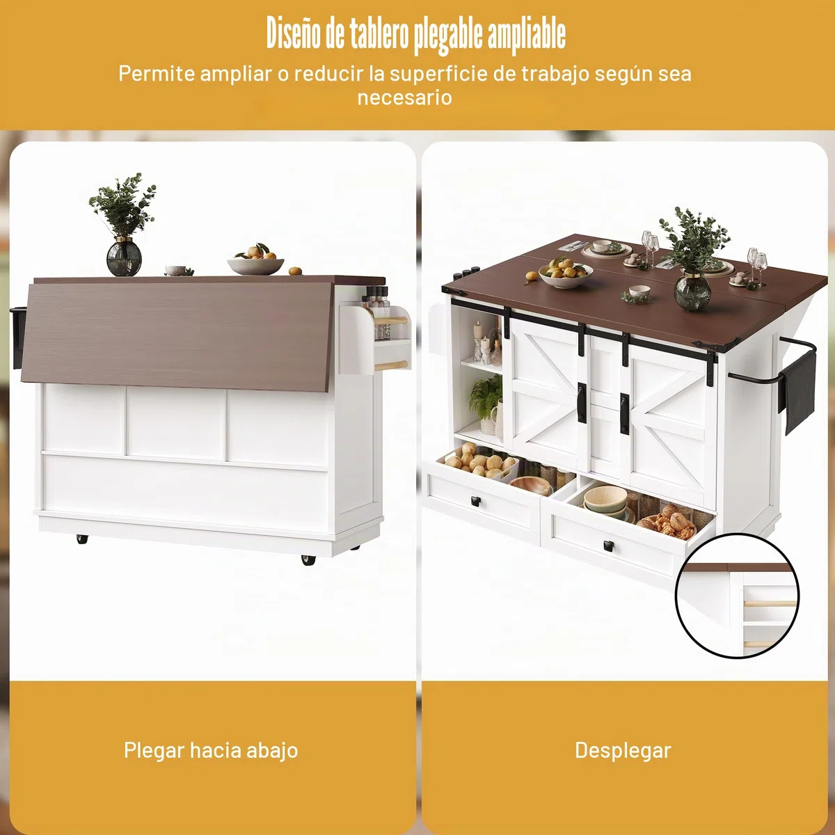 Carrito de cocina multifuncional con mesa plegable, isla de cocina móvil, bar, aparador con espacio de almacenamiento, carrito de servir con tres cajones y dos puertas de armario