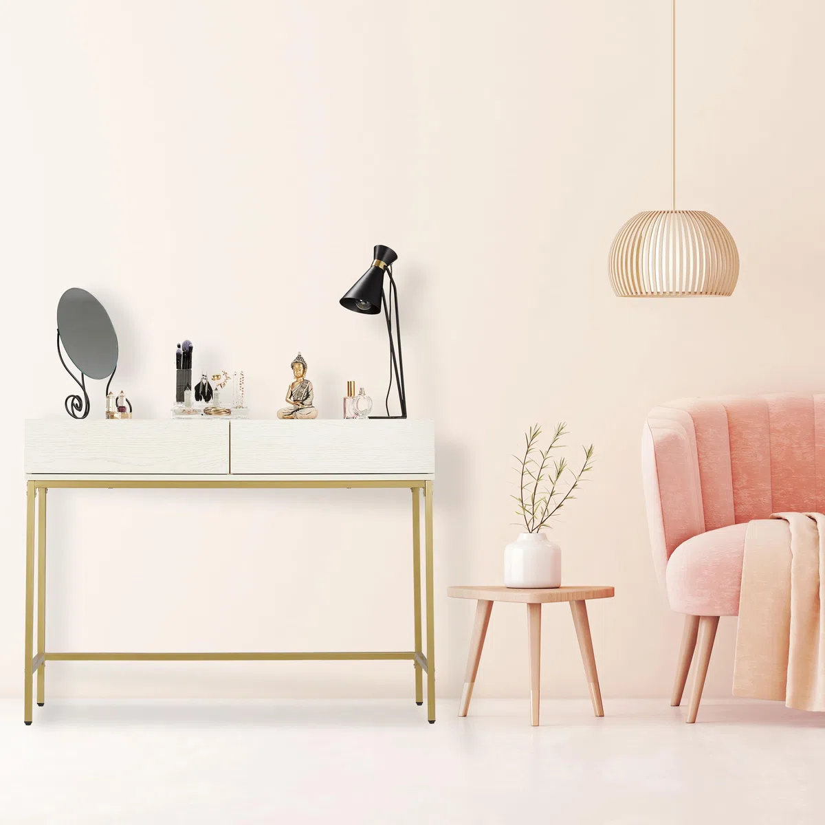 Relaxdays Consola Recibidor, 2 Cajones, Sideboard, Mesita Pasillo, Salón, Madera y Metal, 80x110x40 cm, Blanco y Dorado