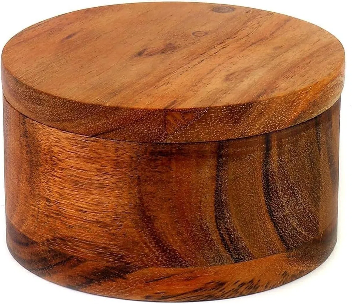 EDHAS Caja de sal o especias de madera de acacia con cubierta giratoria para almacenamiento de especias de madera, a mano en tu encimera.