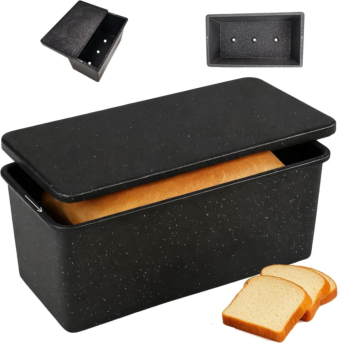 Molde para pan casero, molde para hornear profundo antiadherente con tapa, apto para horno, resistente, para masa madre y sándwich, 8 x 4 pulgadas, negro moteado