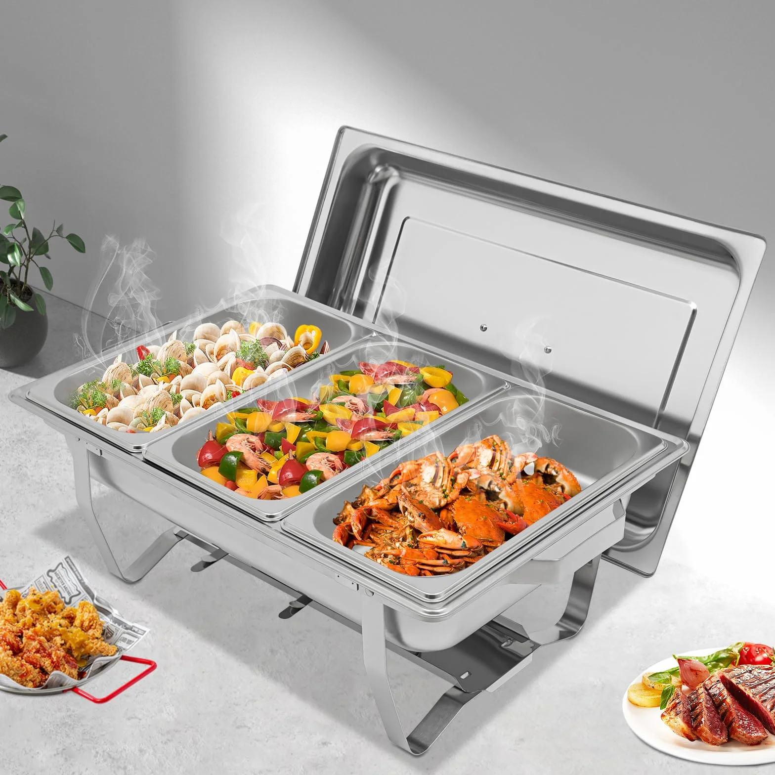 5 L Chafing Dish, Tres Compartimentos Chafing Dish Buffet, Calentador Plano, Calentador Plato Aparador, Calentador Plano para Servir Variedad Platos Mantener Caliente