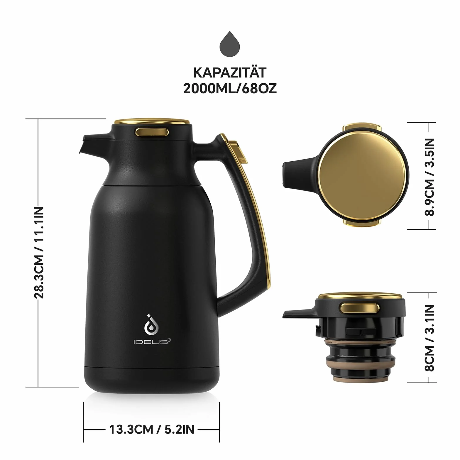 IDEUS® Termo de 2 l, acero inoxidable de doble pared, aislamiento al vacío, tetera caliente para café, sin BPA (negro y dorado)