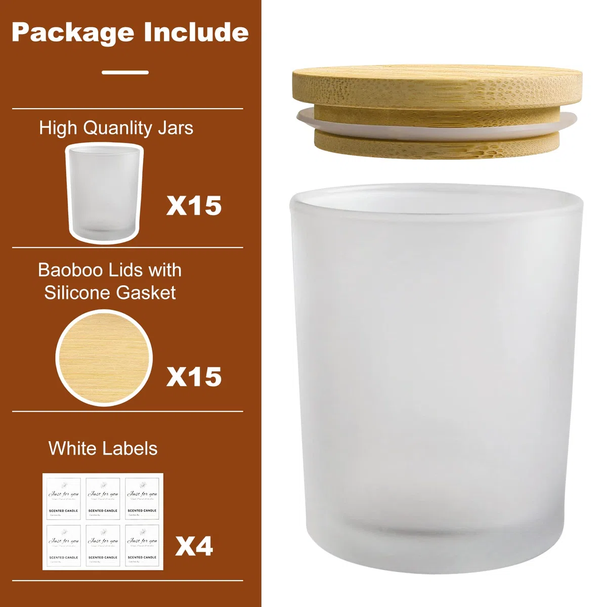 CONNOO Milch - Tarros de cristal para velas (200 ml, 15 unidades) | Tapas de bambú herméticas, etiquetas de advertencia para hacer velas, para hacer velas