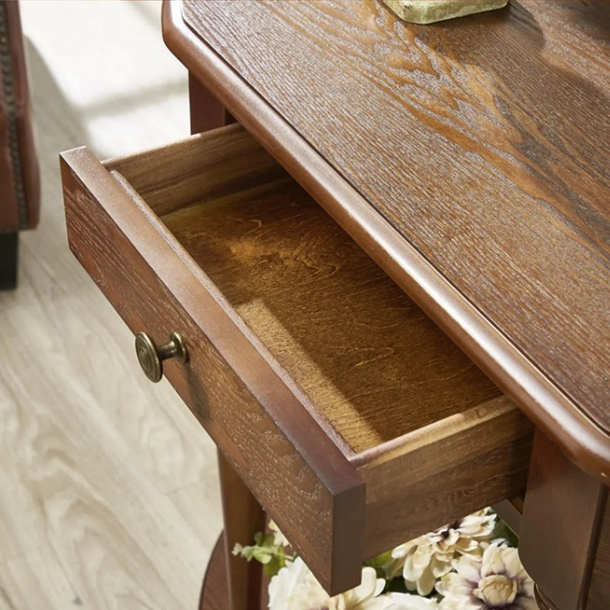Mesa consola de media luna de madera maciza, mesa de entrada con cajón de almacenamiento, mesa de sofá semicircular para decoración de pasillo y entrada