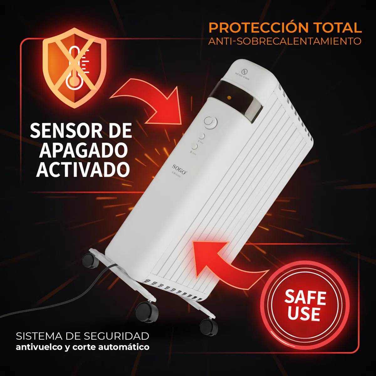 SOGO Calefactor Eléctrico Bajo Consumo Silencioso con Termostato Ajustable - Estufa Eléctrica sin Aceite 2000W con Protección Sobrecalentamiento - Radiador Portátil para Hogar, Oficina, Dormitorio