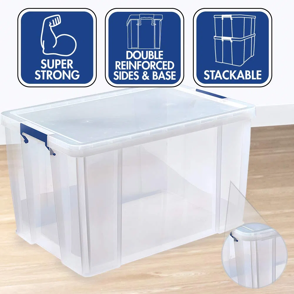 BANKERS BOX ProStore - Cajas de almacenamiento de plástico con tapa (85 L, apilables, superfuertes, 37,5 x 58 x 38,5 cm), fabricadas en el Reino Unido, transparentes