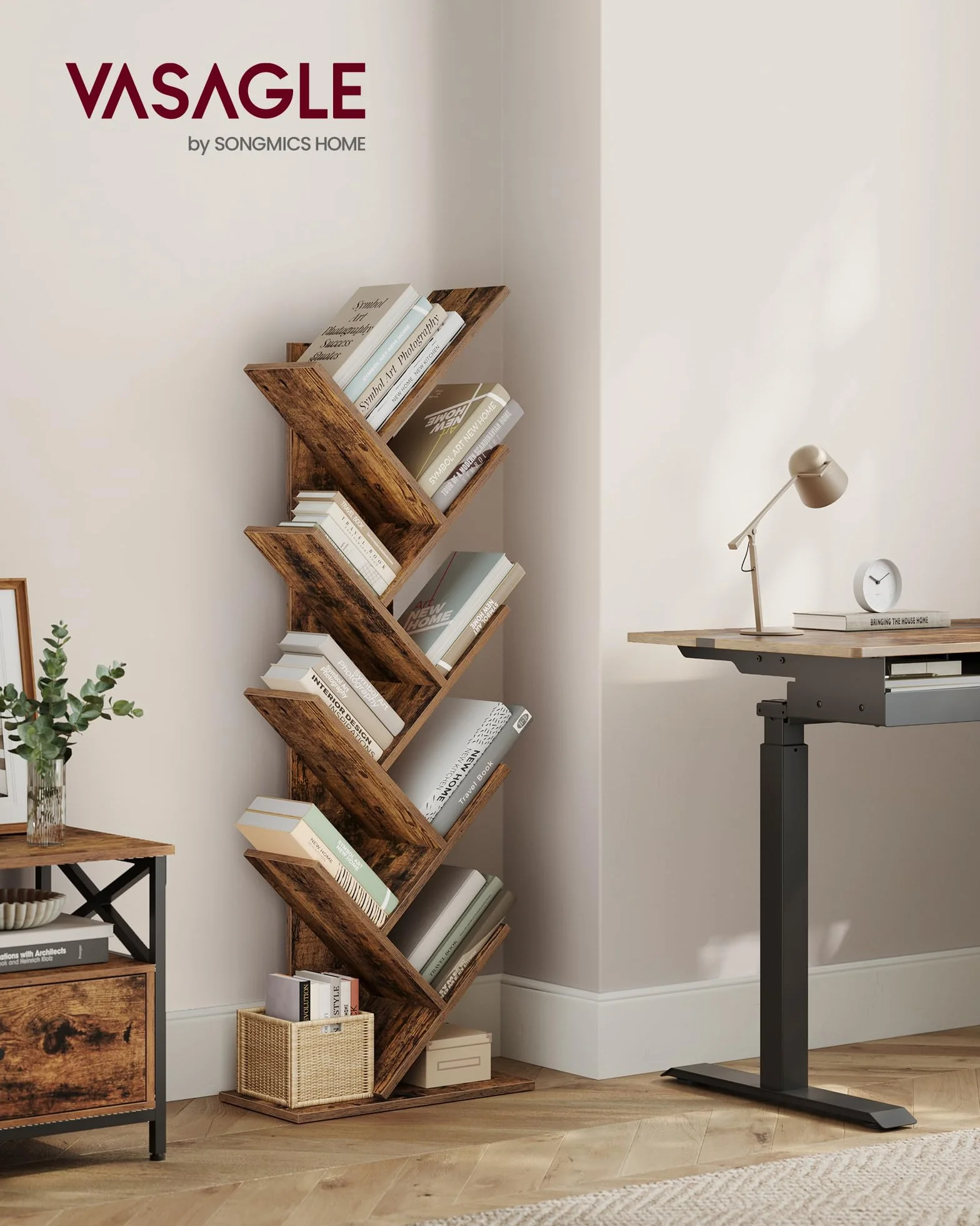 VASAGLE Librería en Forma de Árbol, Biblioteca de 9 Niveles, Ahorro de Espacio, Estantería Vertical, para Dormitorio, Sala de Estar, Estudio, Oficina, Marrón Rústico LBC11BX
