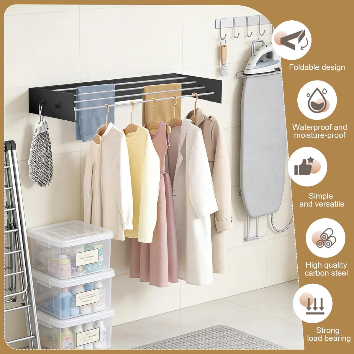 Tendedero de pared, con ganchos de actualización, fácil tendedero de pared, plegable, para interior o exterior, secadora de pared extensible para balcón (60 cm con 4 ganchos, negro)