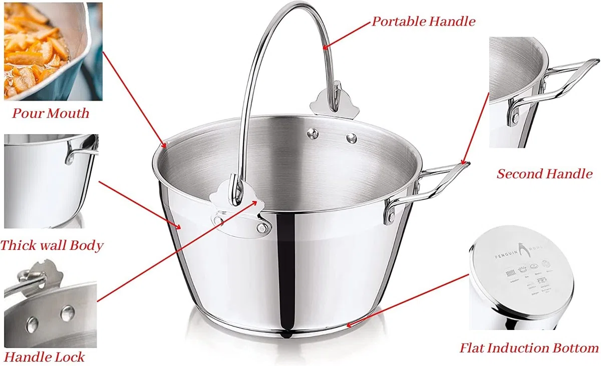 Penguin Home Sartén de 5 L con embudo de mermelada de cuello ancho de 14 cm, olla de acero inoxidable con embudo de conservas de acero para conservar, sartén combinada y embudo de mermelada con mango