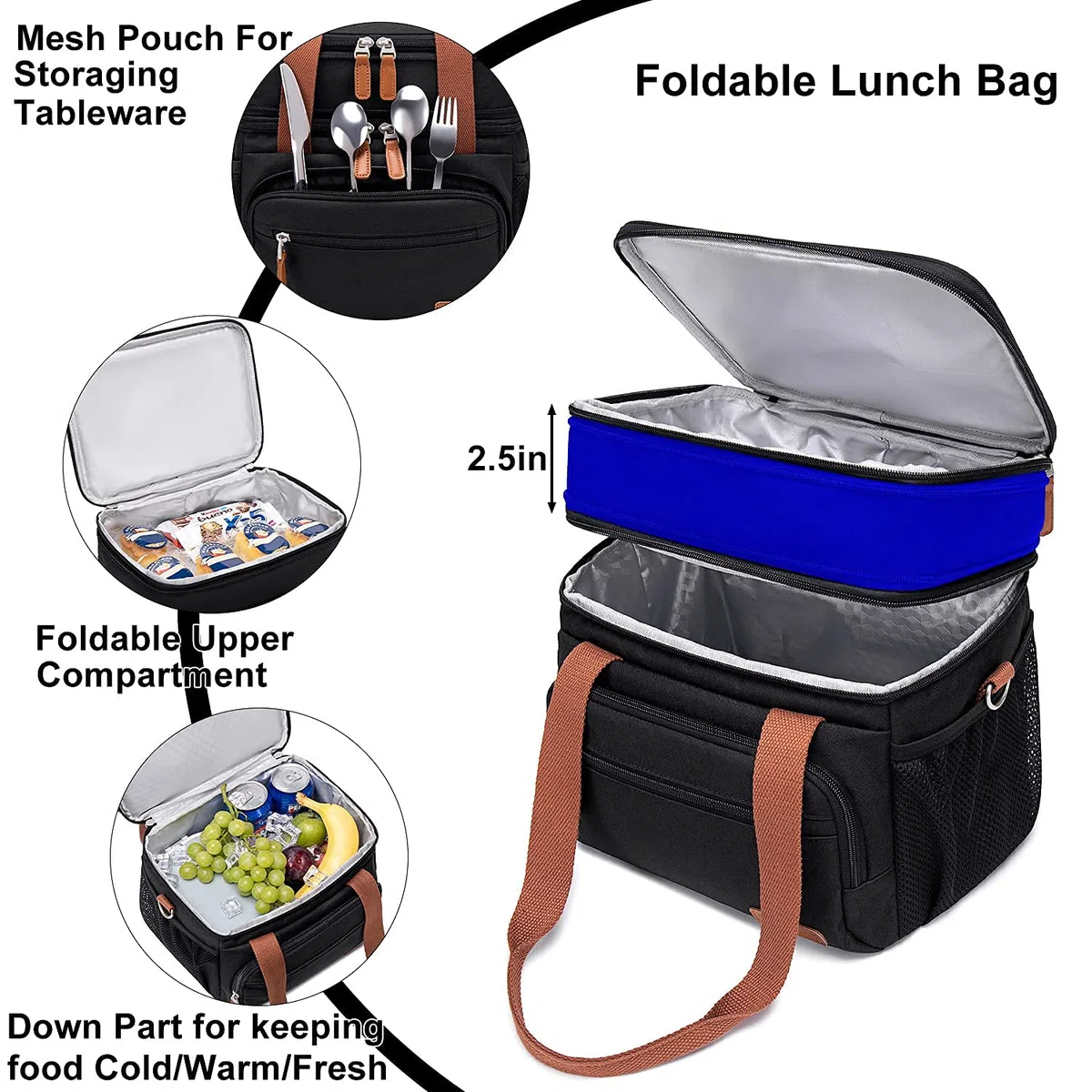 Weitars Fiambrera aislada para mujeres y hombres, doble compartimento impermeable, reutilizable, gran bolsa de almuerzo para niñas y niños, bolsa de nevera para trabajo, picnic, senderismo (15 L),