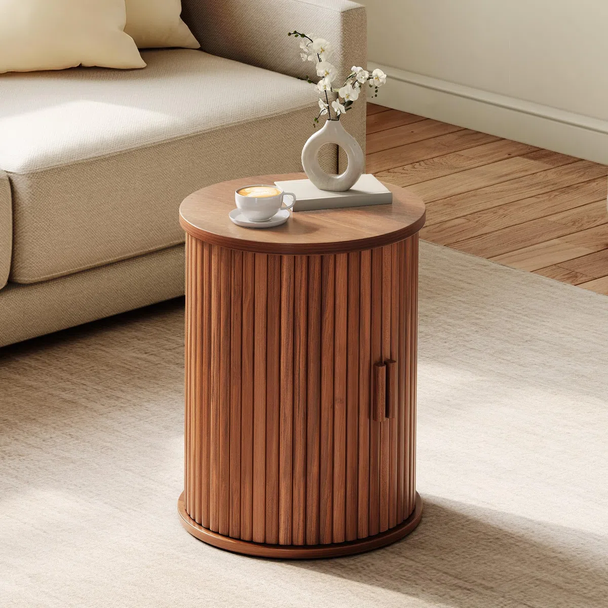 YITAHOME Mesa Redonda con Armario de Puerta corrediza, Mesa Auxiliar con Estante de Almacenamiento de 2 Niveles para Dormitorio, Comedor, Sala de Estar, Oficina en casa o apartamento, Mesa de café