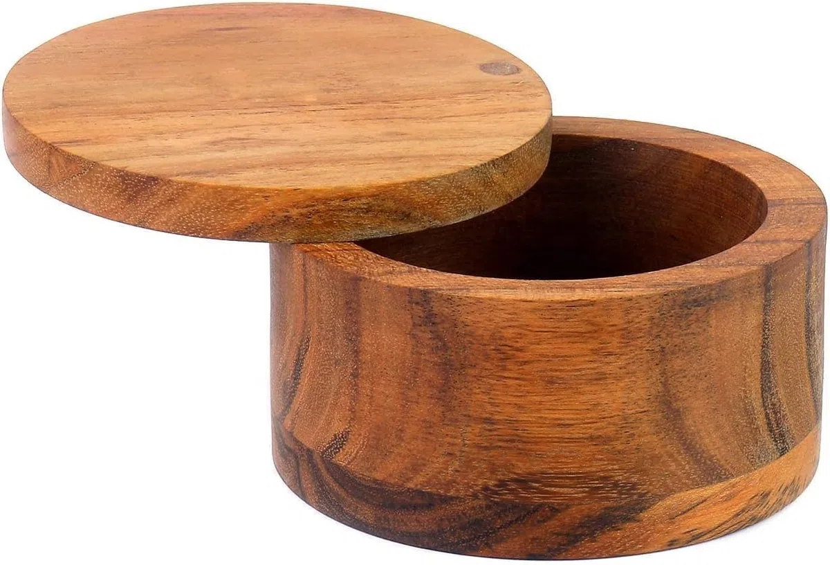 EDHAS Caja de sal o especias de madera de acacia con cubierta giratoria para almacenamiento de especias de madera, a mano en tu encimera.
