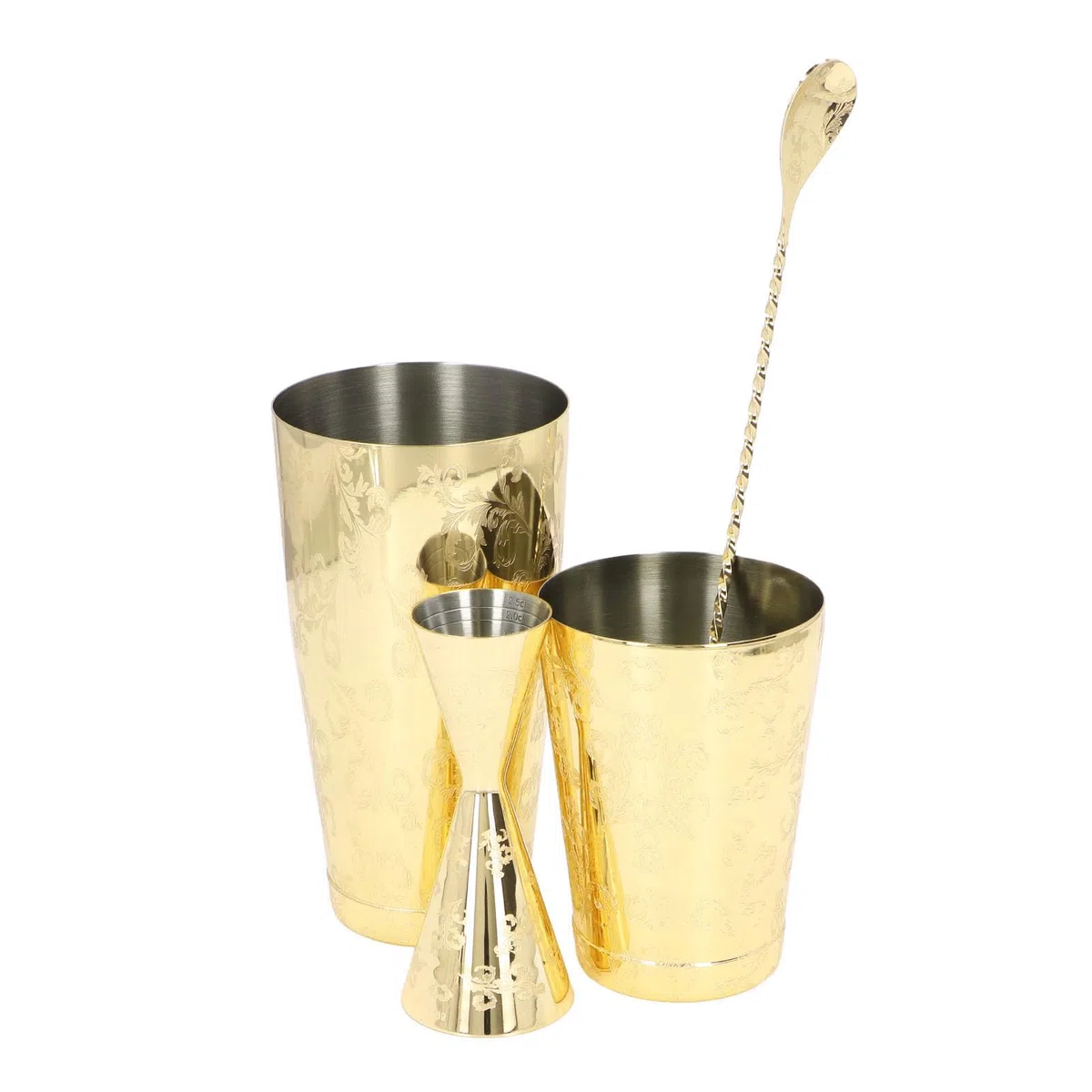 Kavolet Juego de Coctelera Boston de Acero Inoxidable 304 (Conjunto 3) | Kit de barman profesional de diseño Vintage para cócteles, con colador, cuchara para barra Jigger, juego de coctelería para