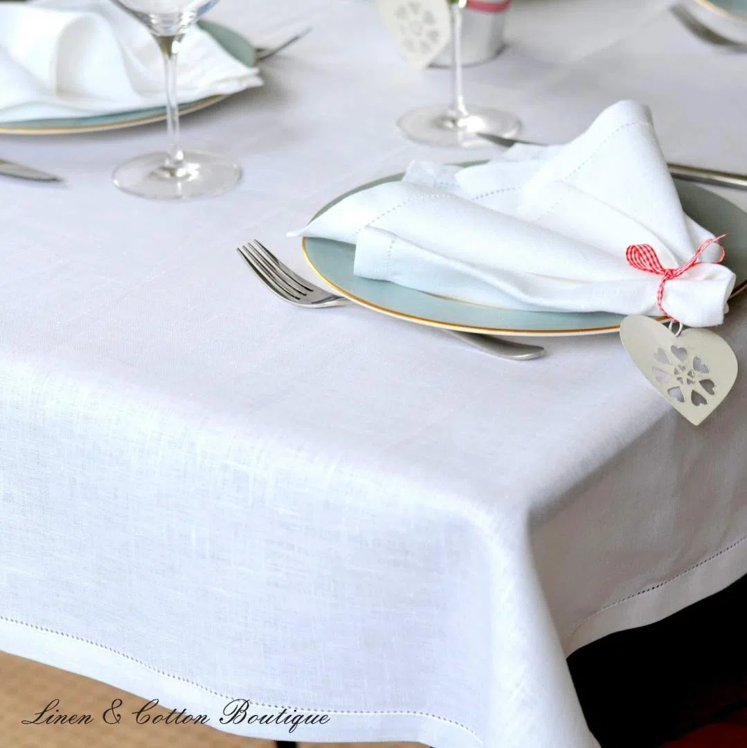 Linen & Cotton - Mantel Florence Muy Elegante de Tela con Vainica, 100% Lino (143 x 250cm, Blanco)