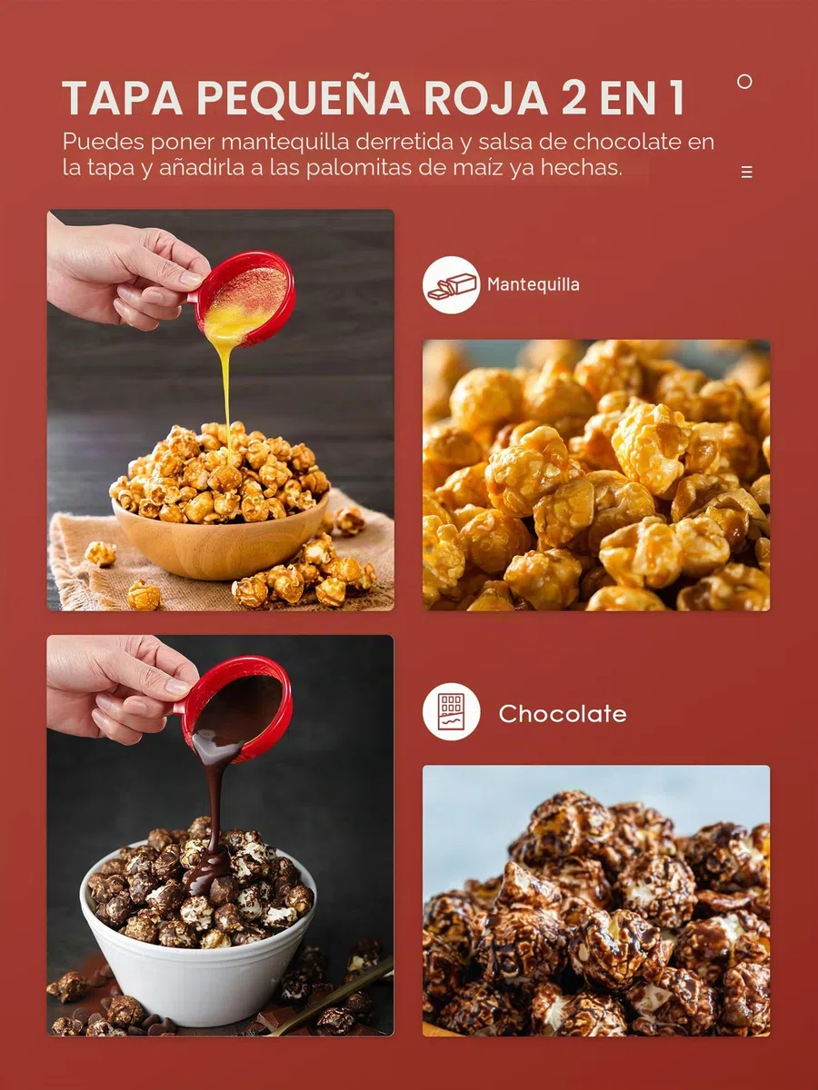 Palomitero, 1200W Vintage Máquina de Palomitas con Gran Capacidad, máquina de hacer palomitas dulces Aire Caliente Sin Grasa AceitaLibre de BPA, Rojo