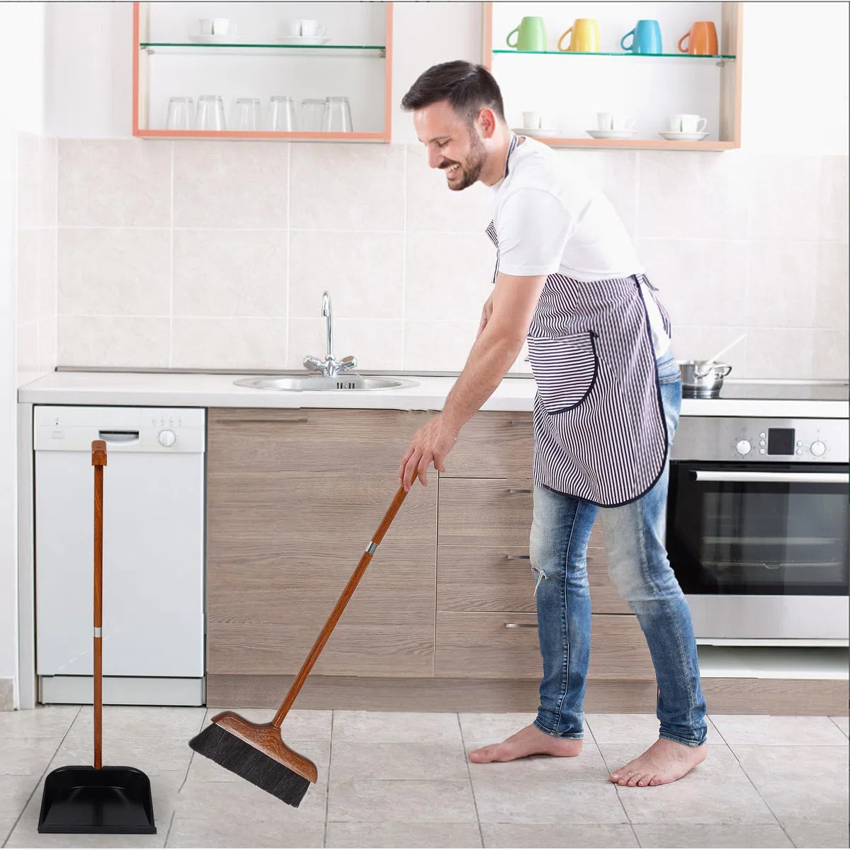 Recogedor con Mango Largo de Madera y Cerdas de Crin para Limpieza | Recogedor con Mango Largo, Diseño de Mango Largo, Recogedor, para Limpieza de Exteriores y Salones