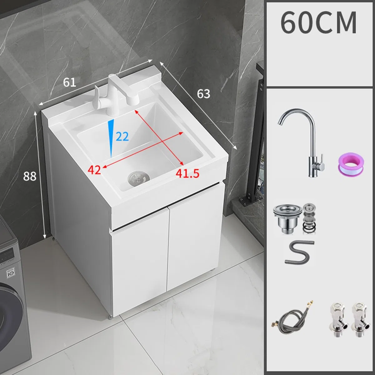 Fregadero de lavandería con armario y grifo extraíble, armario de almacenamiento de baño independiente, con grifo de agua fría y caliente, para lavandería, lavadero, sótano, un color, 60 cm