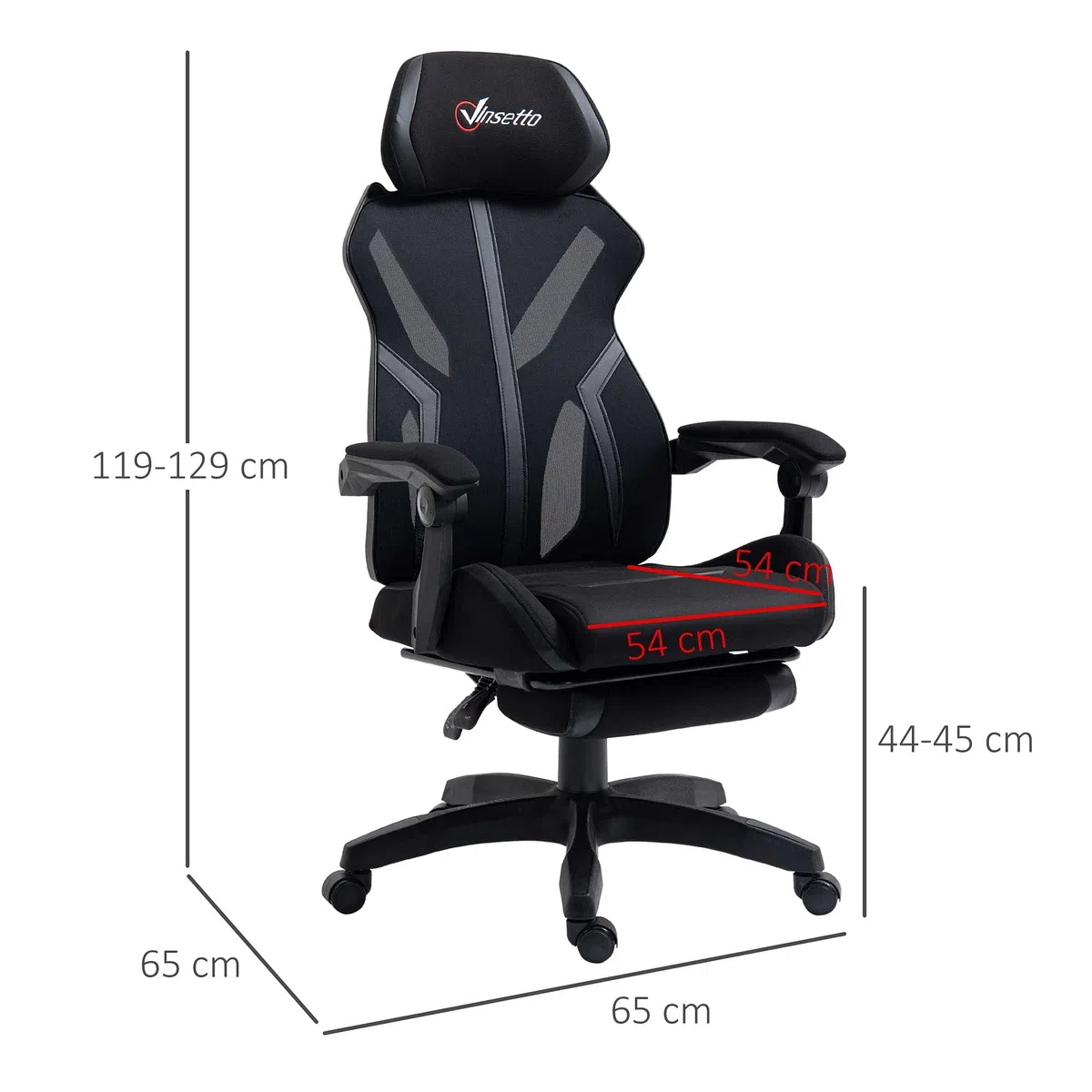 Vinsetto Silla Gaming con Reposapiés Retráctil 65x65x119-129 cm Negro | Silla de Oficina Giratoria Reclinable, con Reposacabezas, Altura Ajustable