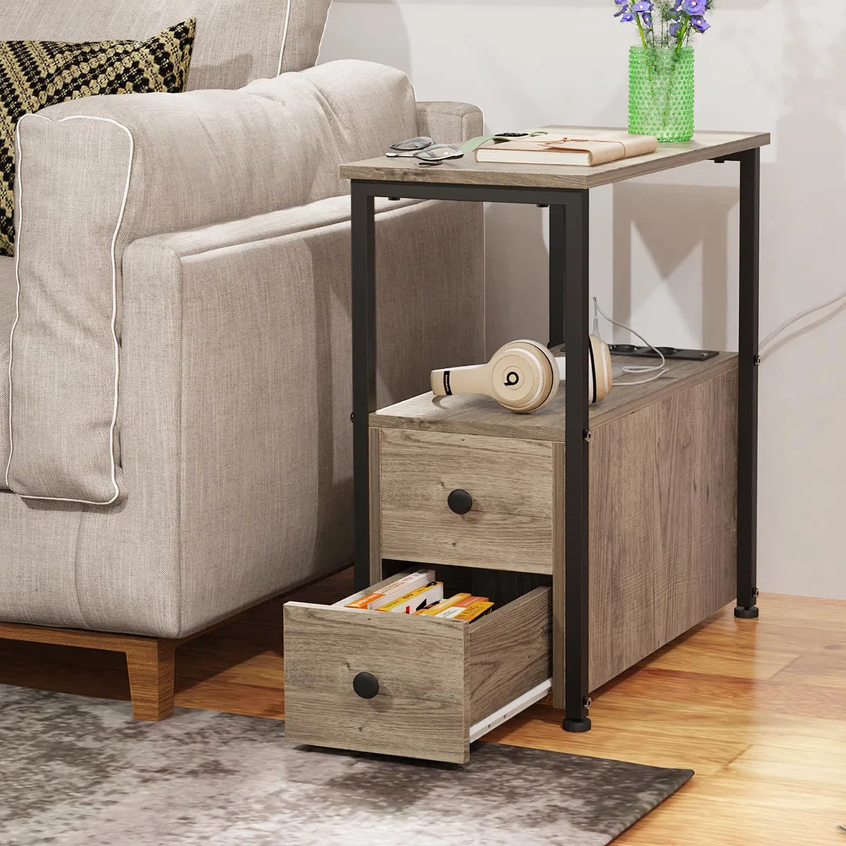 Mesita de Noche con Enchufe, Mesa Auxiliar con 2 cajón, Dormitorio Estrecha Mesitas de Noche, Organizador para Dormitorio, Sala de Estar Gris