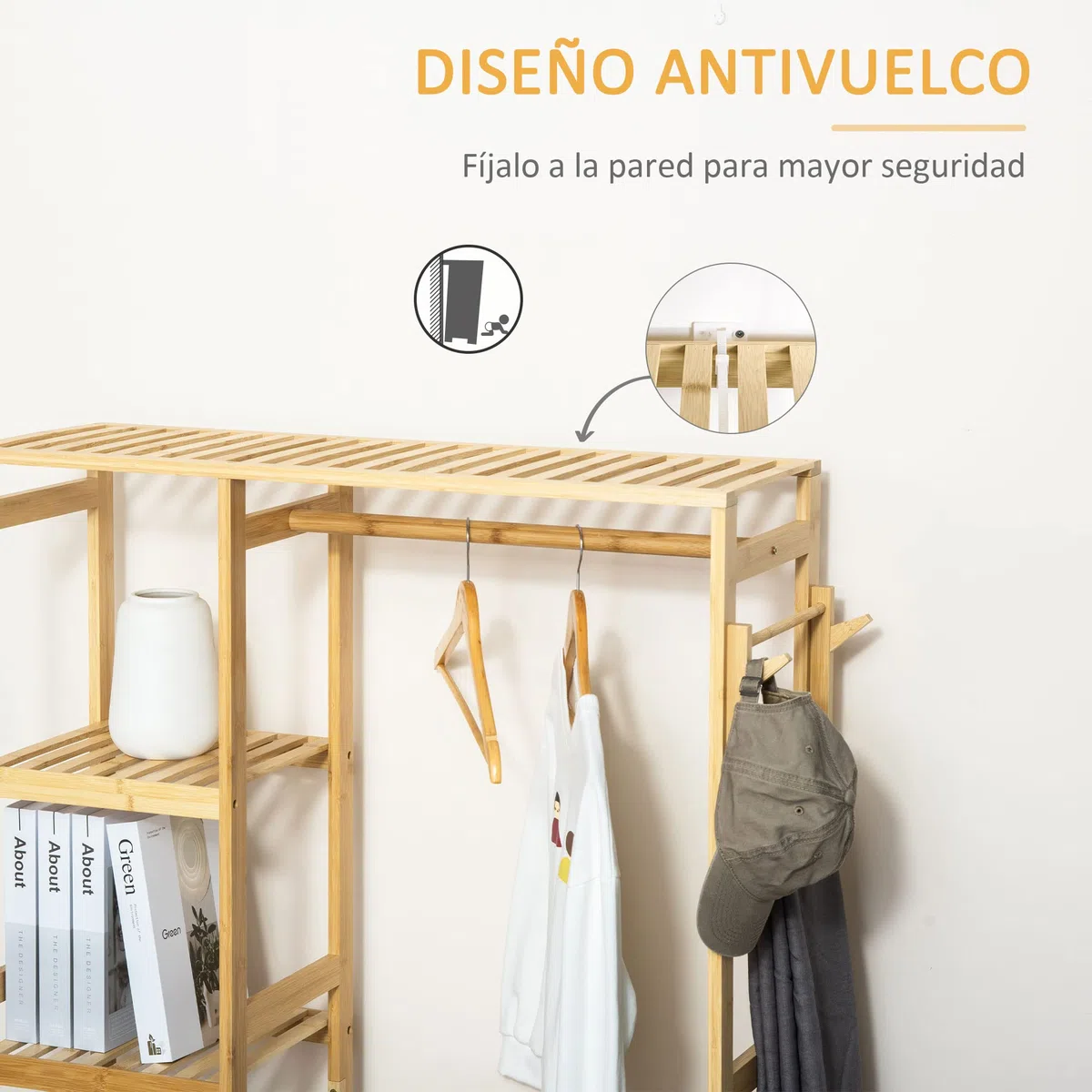 HOMCOM Perchero Burro de Bambú de Pie con Estantería 90x30x155 cm Natural | 4 Niveles, Barra, Estante Inferior, Colgador Lateral, para Ropa Bolsas, Dormitorio