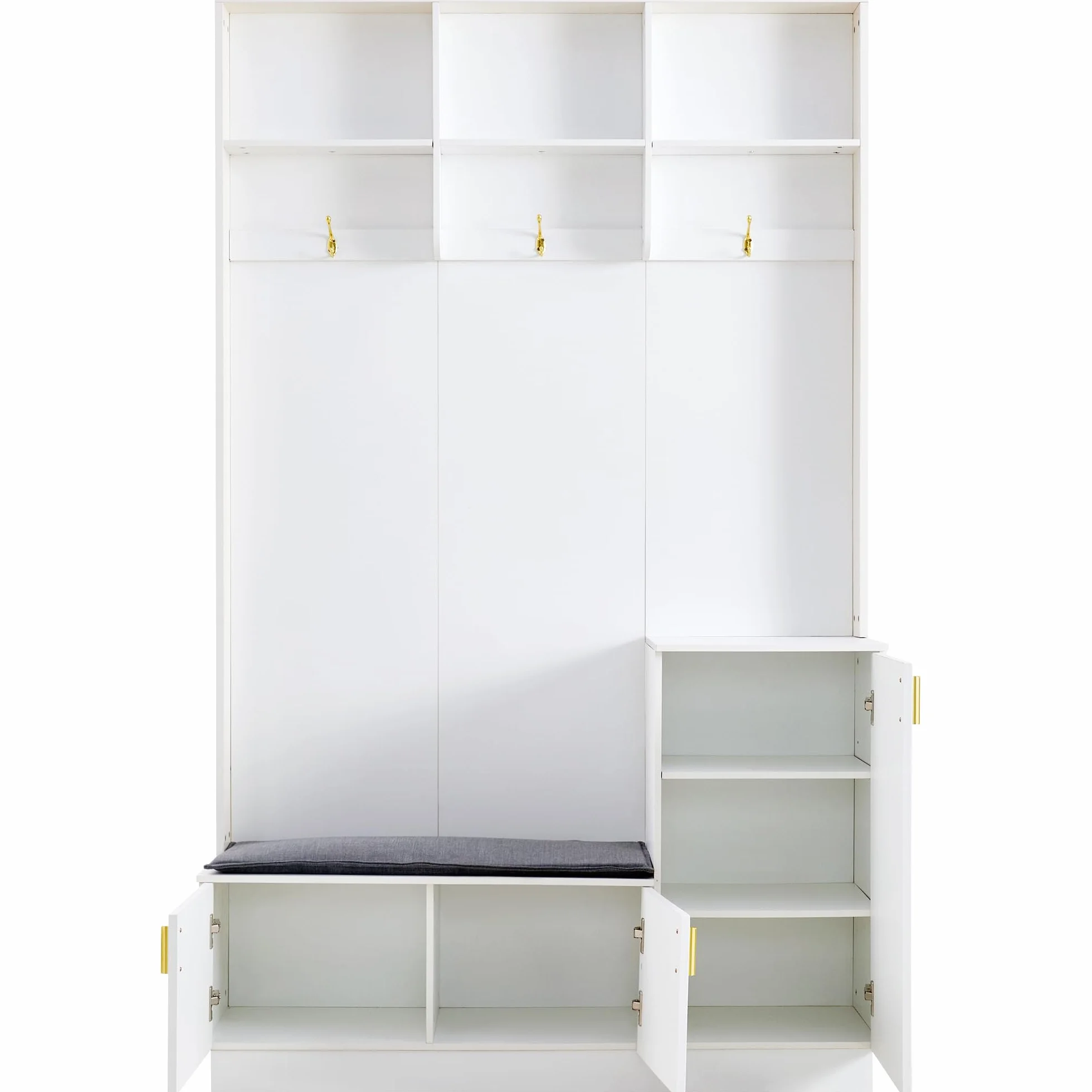 H200/B120/T40 cm con banco y zapatero, banco de almacenamiento multifuncional con 3 ganchos colgantes y espacio de almacenamiento abierto, almacenamiento rectangular y estantes para pasillo, color