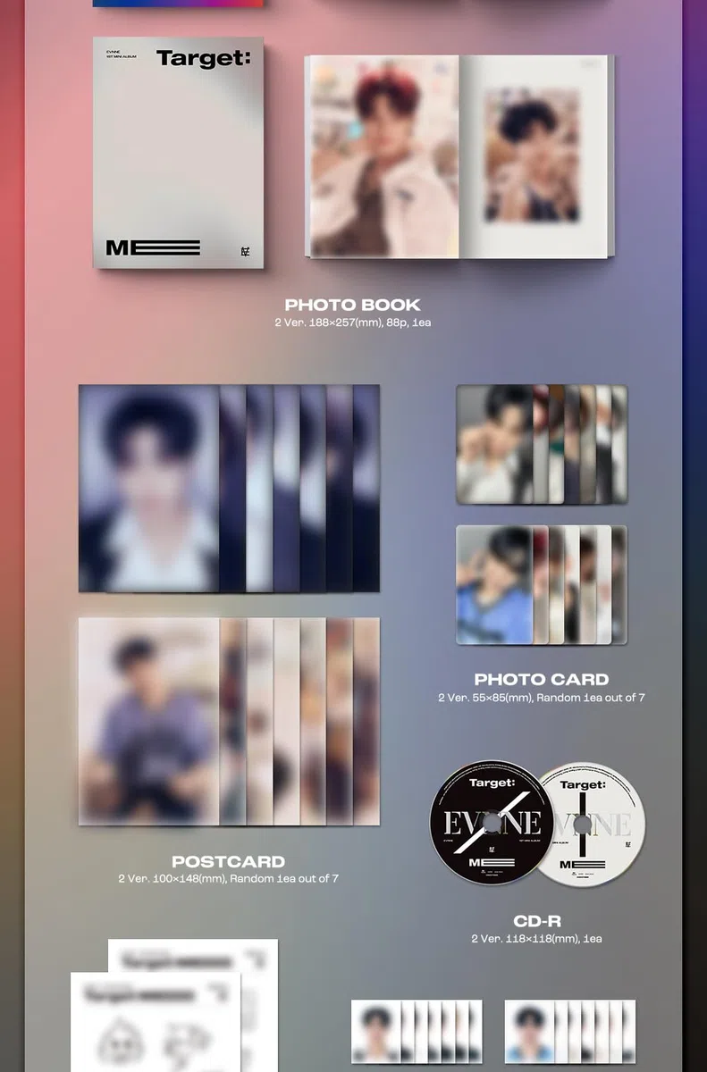 EVNNE Target: ME 1er mini álbum CD + libro de fotos + póster plegable en paquete + tarjeta fotográfica + seguimiento sellado Boys Planet (set completo de 9 versiones (E+V + Digipack 7 version))