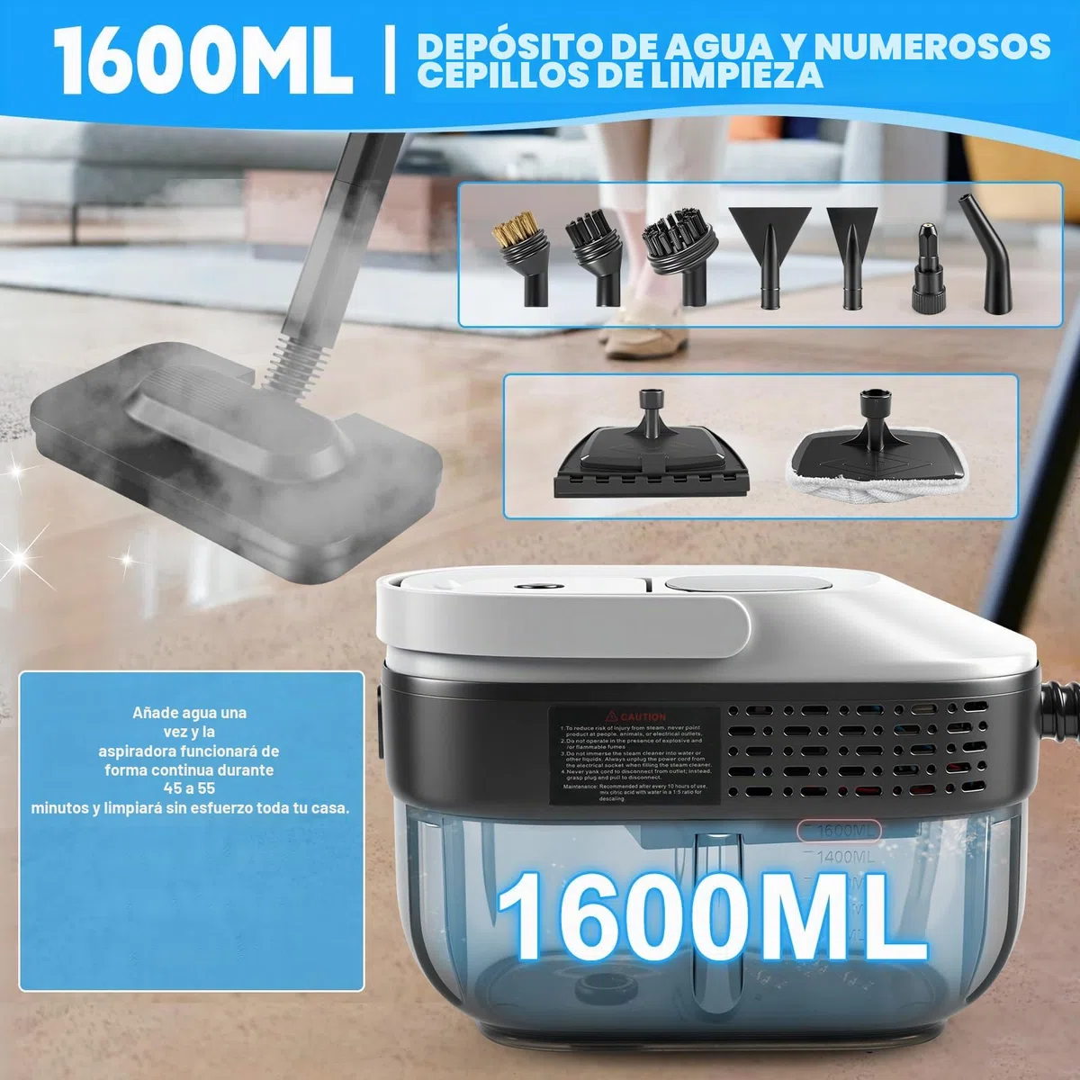Limpiador de vapor manual, 2500 W, limpiador de vapor para todo con 15 accesorios, presión de vapor de 4,5 bar, depósito de 1600 ml, portátil para ventanas, cocina, suelo, coche