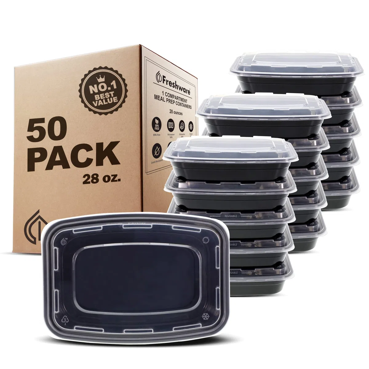 Freshware Recipientes de preparación de comidas [paquete de 50] 1 compartimento con tapas, contenedores de almacenamiento de alimentos, caja Bento, sin BPA, apilables, aptos para